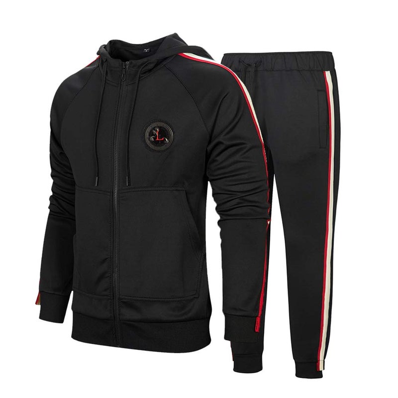 DUOFIER Men's Hooded Athletic Tracksuit Full Zip Casual Jogging Gym Sweat Suits Black - Image 1